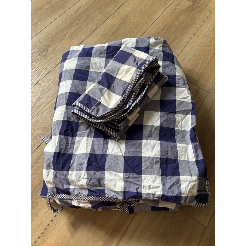 Pottery Barn King Duvet Cotton Blue White Buffalo Check Coastal Classic Preppy